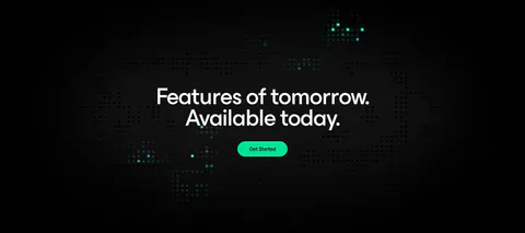Neon call-to-action section: centered two-line headline and green Get Started button over a dark dot-grid map with glowing teal dots