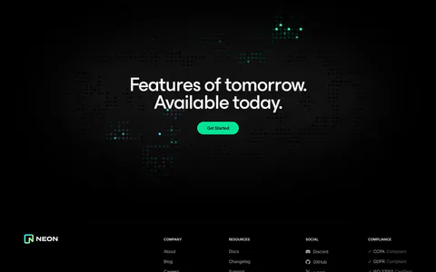 Neon footer section: dark dot-grid CTA band above a footer with logo, company, resources, social and compliance link columns