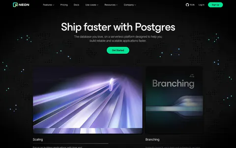 Neon hero section: centered headline and green CTA above two rendered feature cards for Scaling and Branching on a dark dot-grid background