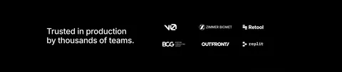 Neon logo cloud section: left-aligned headline beside a two-row grid of white customer logos on a black background