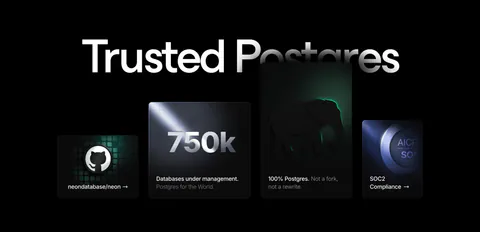 Neon value proposition section: huge Trusted Postgres headline behind staggered dark cards for GitHub, 750k databases, Postgres and SOC2