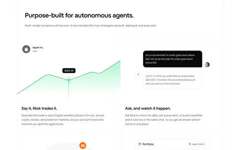 NickAI features section: left heading above a 2x2 grid of feature cells with price chart, chat, model icons and portfolio UI