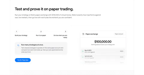 NickAI features section: three-step progress row, info card and button on the left, paper exchange balance UI on the right