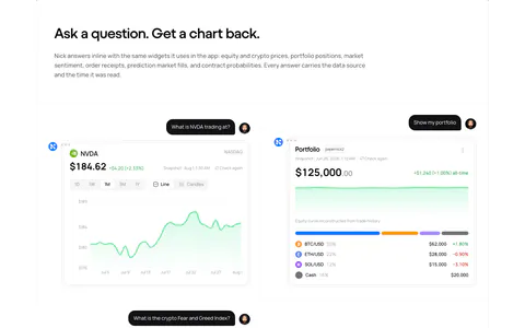 NickAI features section: left heading above a two-column grid of chat prompts with chart, portfolio and order widget screenshots