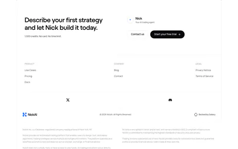 NickAI footer section: closing CTA with contact and trial buttons above link columns, social icons, logo row and legal disclaimers