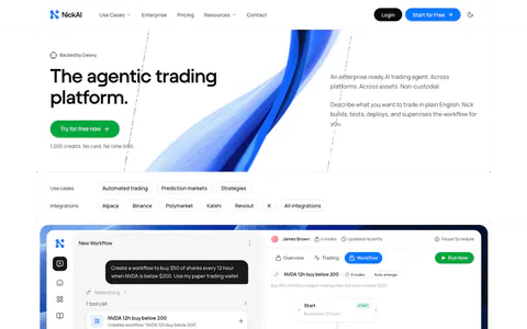 NickAI hero section: nav, left headline with green button, blue ribbon artwork, use-case chips and a large agent workflow screenshot
