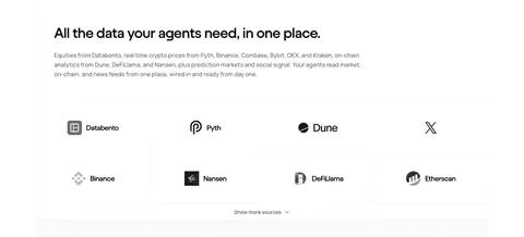 NickAI integrations section: left heading and copy above a bordered grid of eight grayscale data provider logos