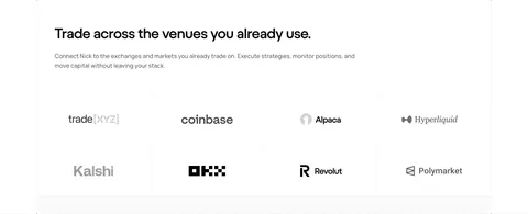 NickAI integrations section: left heading and copy above a bordered grid of eight grayscale exchange and market logos