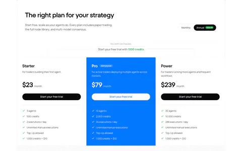 NickAI pricing section: heading with monthly/annual toggle, three plan columns with blue highlighted Pro tier and enterprise band