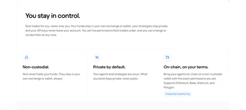 NickAI security section: left heading and copy above three bordered cells with icons for non-custodial, private and on-chain