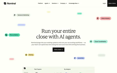 Nominal hero section: centered serif headline with floating colored workflow pills above a close-management task table screenshot