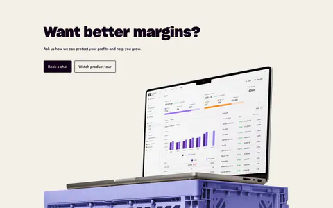 Nory call-to-action section: bold headline with two buttons above a laptop showing a sales dashboard on a purple crate, cream background