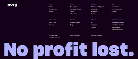 Nory footer section: dark purple footer with wordmark, link columns and copyright above a giant lavender No profit lost. slogan