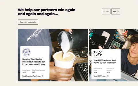 Nory testimonials section: headline with prev/next buttons above case-study cards overlaid on cafe photos, cream background