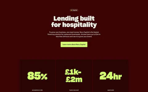 Nory value proposition section: centered Capital headline and lime button above three dark cards with large lime stats on deep maroon