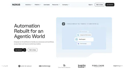 Noxus hero section: left-aligned headline and two buttons beside a pale blue scheduled-workflow UI card, customer logo row below