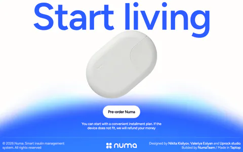 Numa call to action section: full-width blue headline above a white insulin device, pre-order button on a blue glow, slim footer row below