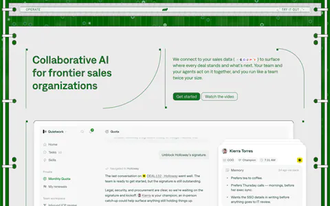 Operate hero section: headline left and copy with buttons right in a green patterned frame, above a sales app screenshot