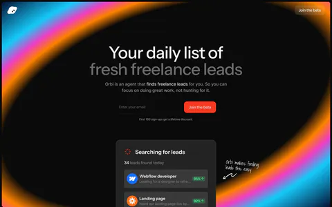 Orbi hero section: centered headline and email signup inside a neon gradient ring on black, a leads UI card and job-board logos below
