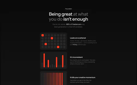 Orbi value proposition section: centered problem headline above three rows pairing red-accent chart tiles with short text on dark gray