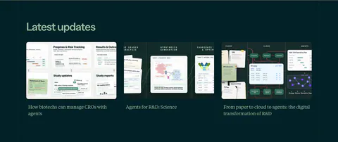 Orchestra Bio blog & resources section: Latest updates heading over three article cards with illustrated thumbnails on dark teal