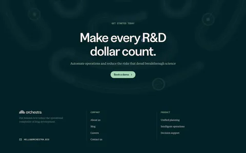 Orchestra Bio call to action section: centered headline and demo button on dark teal with faint loop shapes, above a footer