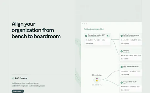 Orchestra Bio features section: headline and R&D planning accordion at left, program timeline product UI on a faint grid at right