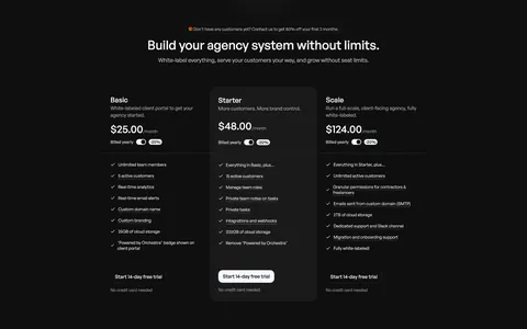 Orchestra pricing section: centered headline above three plan columns with billed-yearly toggles and feature checklists on dark background