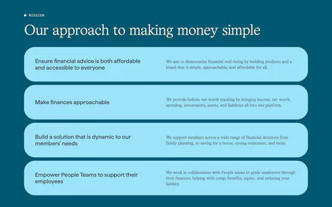 Origin about & mission section: serif headline above four stacked light blue rounded rows of principles on a deep teal background