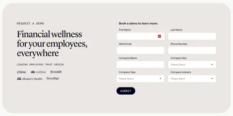 Origin contact section: serif headline and employer logos on the left beside a two-column demo request form in a beige rounded panel