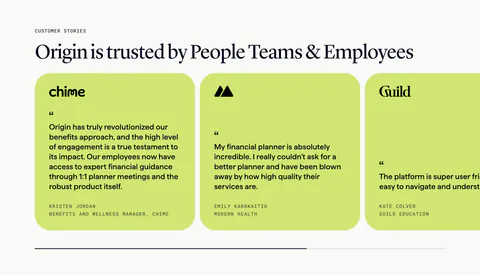 Origin testimonials section: serif headline above a scrolling row of lime quote cards with company logos and progress bar on off-white