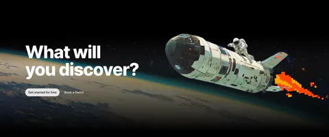 Outerbase call-to-action section: bold headline and two buttons over painted artwork of an astronaut riding a shuttle above Earth