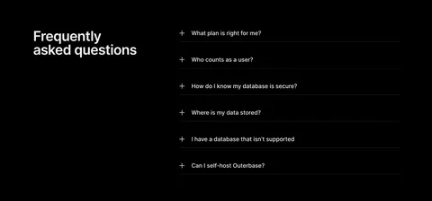Outerbase FAQ section: headline on the left beside a six-item plus-icon accordion of questions on a black background