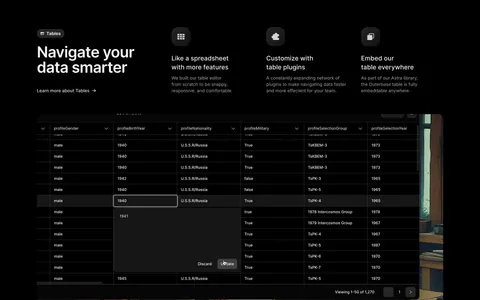 Outerbase features section: headline beside three feature columns with icons above a dark data table screenshot on painted artwork
