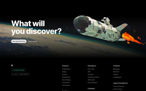 Outerbase footer section: space-art CTA band above a black footer with logo, status badges, link columns and social icons