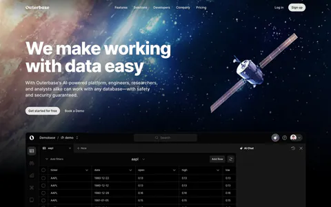 Outerbase hero section: left-aligned headline over space artwork with a satellite, above a dark database table app screenshot and tabs