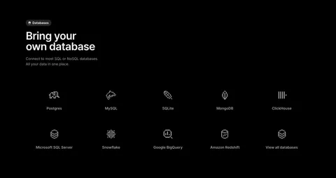 Outerbase features section: left-aligned headline above a two-row grid of pixel-style database icons with names on black