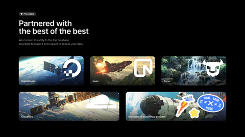 Outerbase integrations section: headline above five artwork cards with provider logos for DigitalOcean, Neon, Turso and Cloudflare