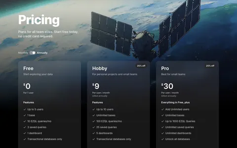Outerbase pricing section: headline and monthly/annual toggle over satellite artwork, three translucent plan cards and an Enterprise row