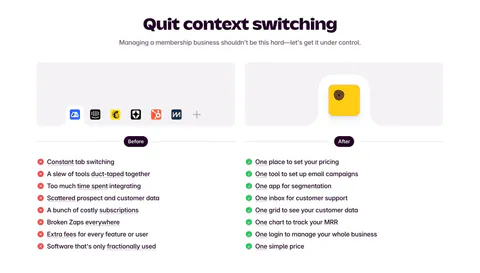 Outseta comparison section: centered headline above Before and After columns contrasting tool clutter and red crosses with green checks