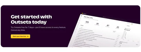Outseta call-to-action section: dark aubergine banner with headline, copy and yellow trial button beside a tilted dashboard screenshot