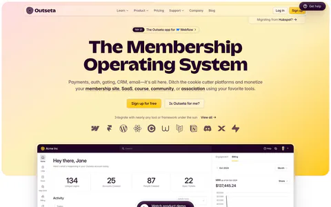 Outseta hero section: centered headline, two buttons and integration icons on a peach-to-yellow gradient above a dashboard with demo button