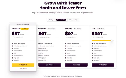 Outseta pricing section: centered headline and billed yearly/monthly toggle above four plan cards with prices and feature checklists