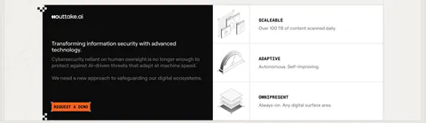 Outtake call to action section: black text panel with orange demo button beside three rows of isometric line illustrations on a beige page