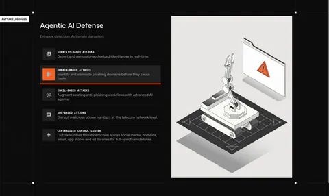 Outtake features section: dark list of attack-type modules with an active highlight beside a light panel with an isometric robot arm illustration