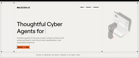 Outtake hero section: left-aligned headline with typing cursor and orange demo button beside an isometric scanner and laptop illustration on beige