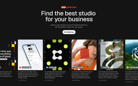 Palette hero section: centered headline with match counter badge and Get Matched button above a carousel of studio photo cards on dark