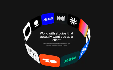 Palette value proposition section: centered headline and copy inside a 3D ring of colorful studio logo tiles on a dark background