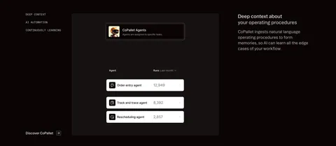 Pallet features section: dark three-column layout with vertical tab labels, a CoPallet agents UI card and descriptive text on the right