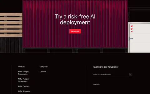 Pallet footer section: CTA over a red shipping container illustration above dark link columns, newsletter email field and copyright